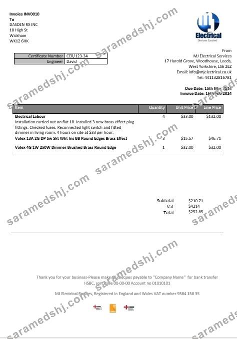 United Kingdom MJ Electrical proof of address business utility bill template in Word and PDF formats